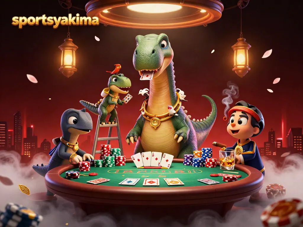 Experience vibrant gaming excitement at sportsyakima's illustrated casino scene with playful dinosaur characters.