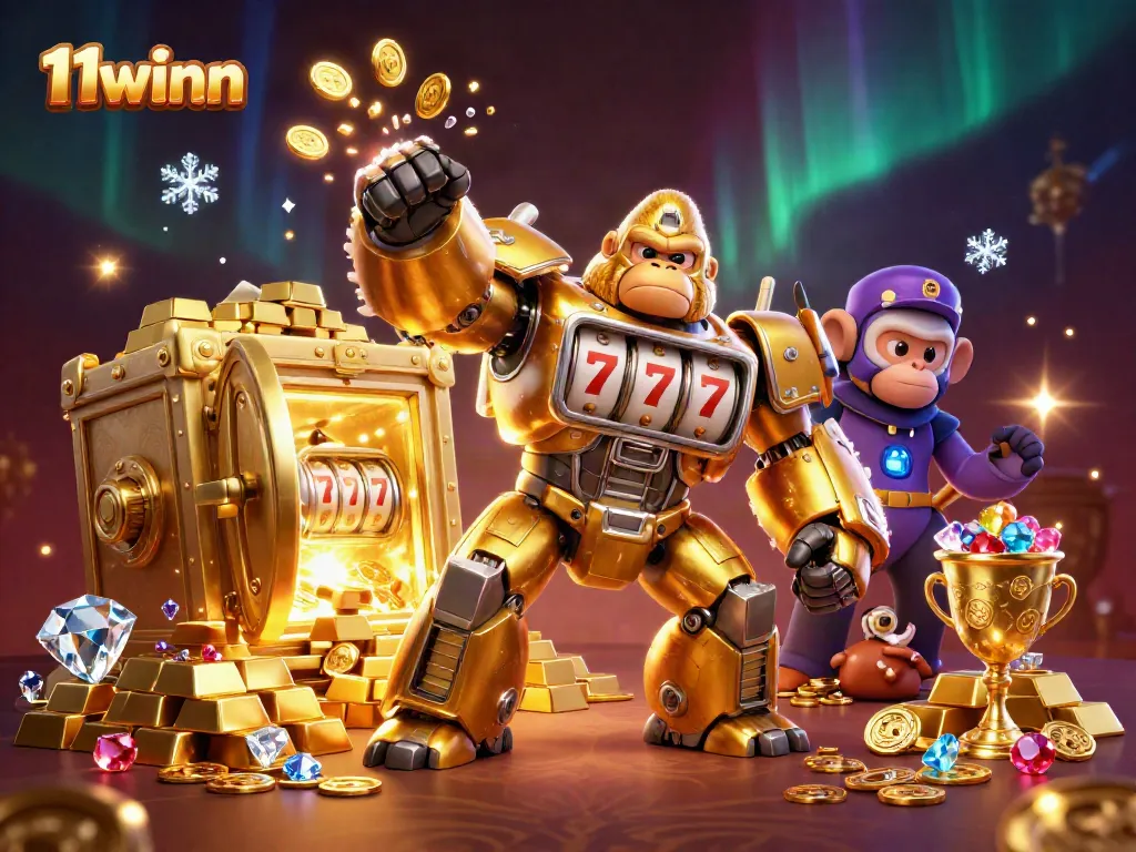 Engage in thrilling gameplay with 11winn's golden gorilla mech amidst a treasure-filled backdrop.