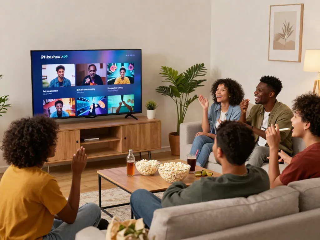 Friends enjoying streaming movies on Pikashow APK in a cozy living room