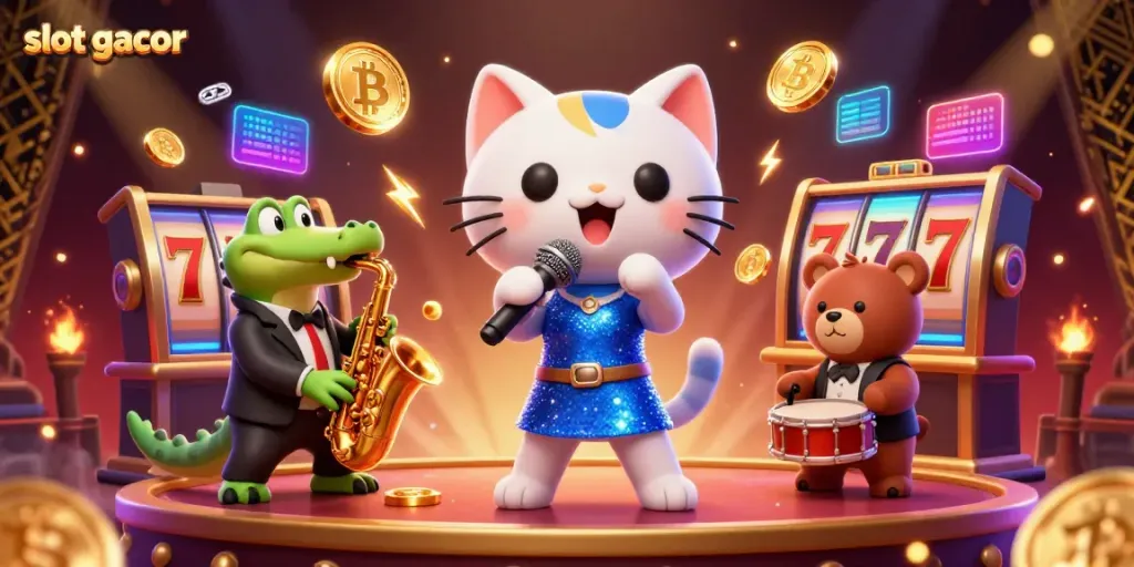 Experience the excitement of slot gacor with lively characters amidst vibrant casino elements.