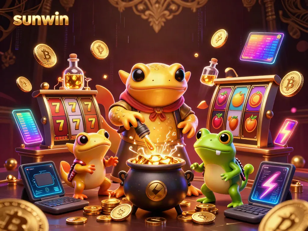 Experience thrilling gaming with sunwin featuring a dynamic scene of an alchemist and gold transformations amidst casino elements.