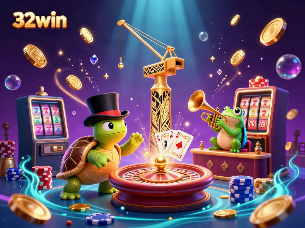 Experience the excitement of 32win with vibrant characters and dynamic casino elements in a captivating illustration.