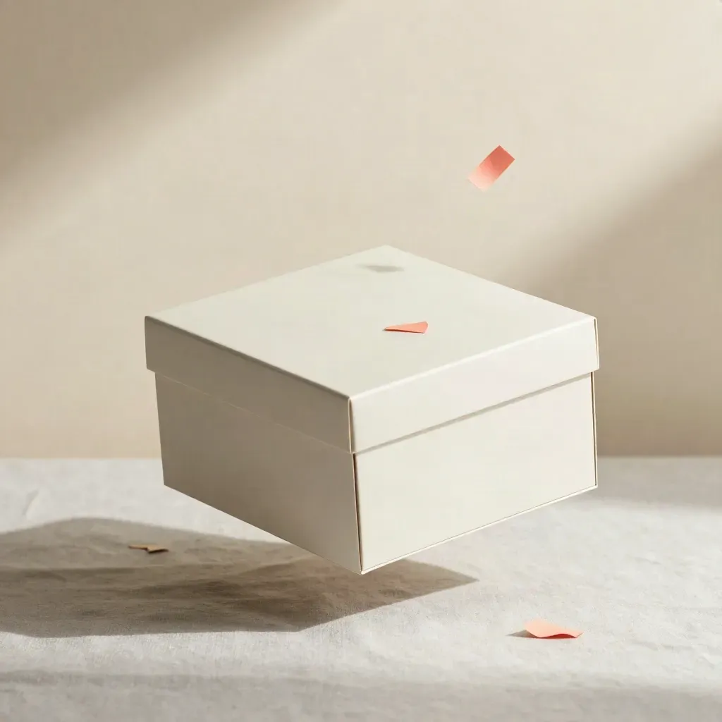 Kleine feestcadeaubox met tissuepapier en confetti op een lichte achtergrond.