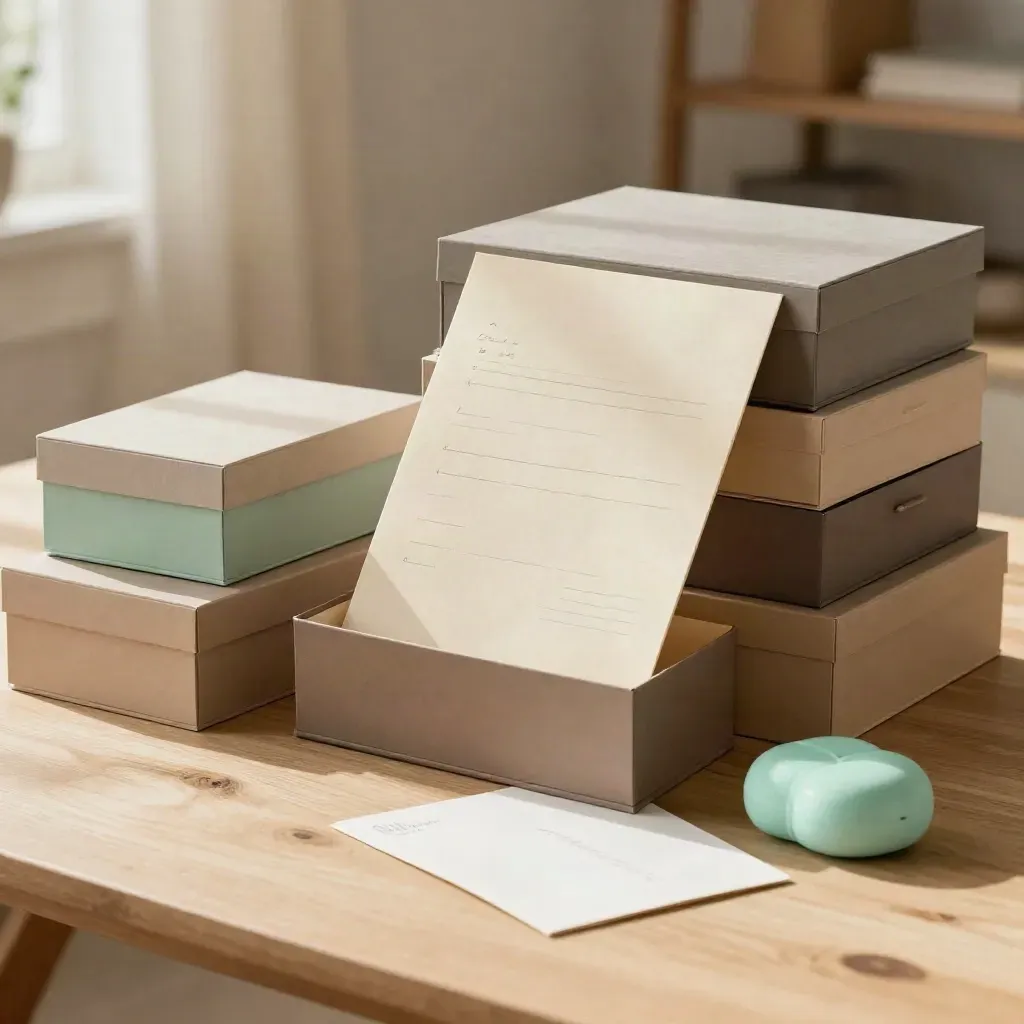 Stapel brievenbus-cadeauboxen met open bovenste doos en mint keramisch accent op lichte houten tafel