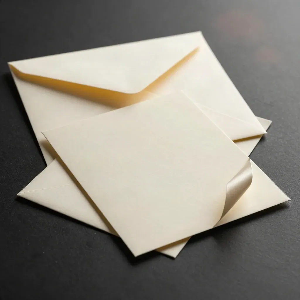 Wenskaart in transparante sleeve met envelop, zacht opengevouwen op een donkere matte ondergrond.