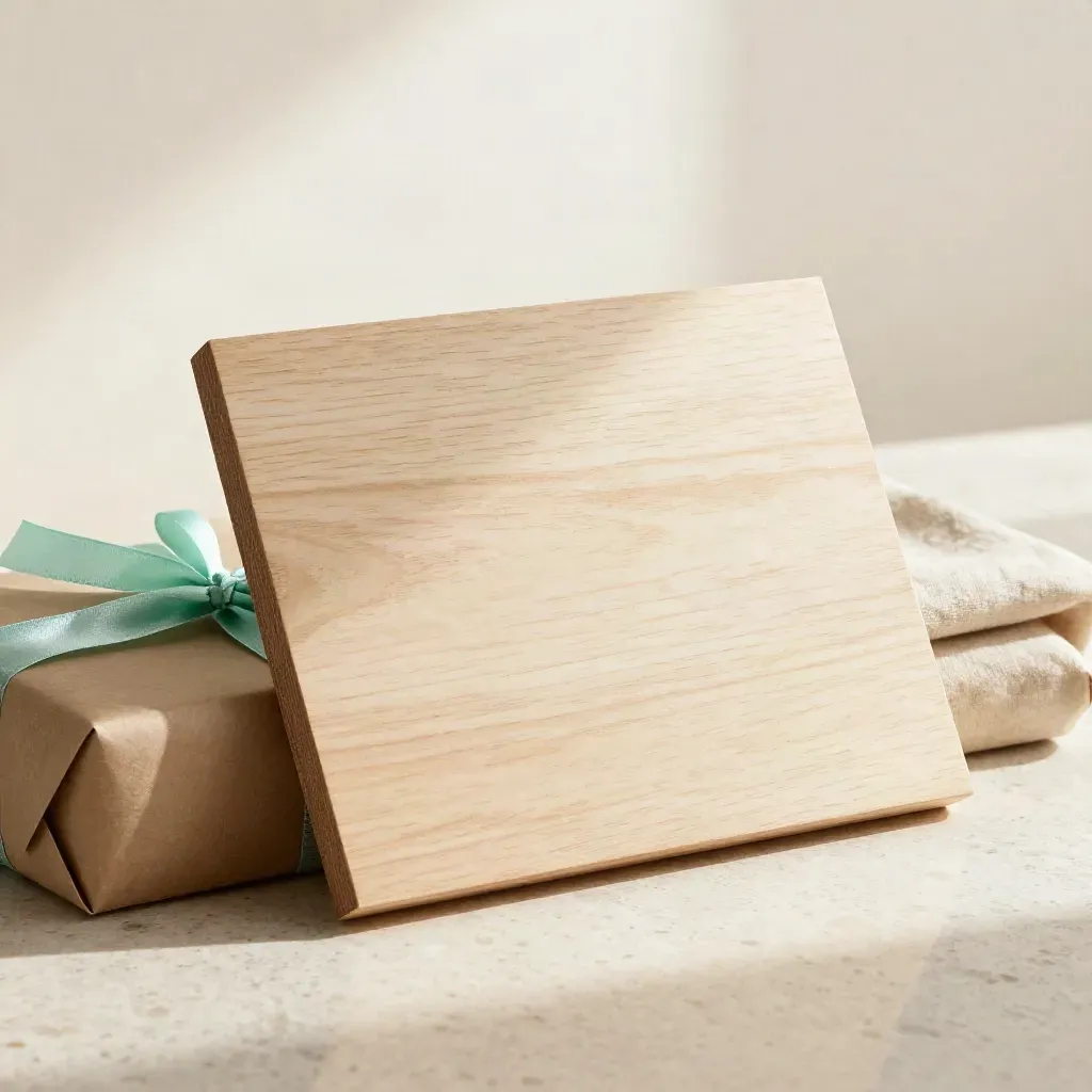 Houten naambordje van berkenhout naast linnen, cadeaupapier en mintkleurig tissue op travertin.