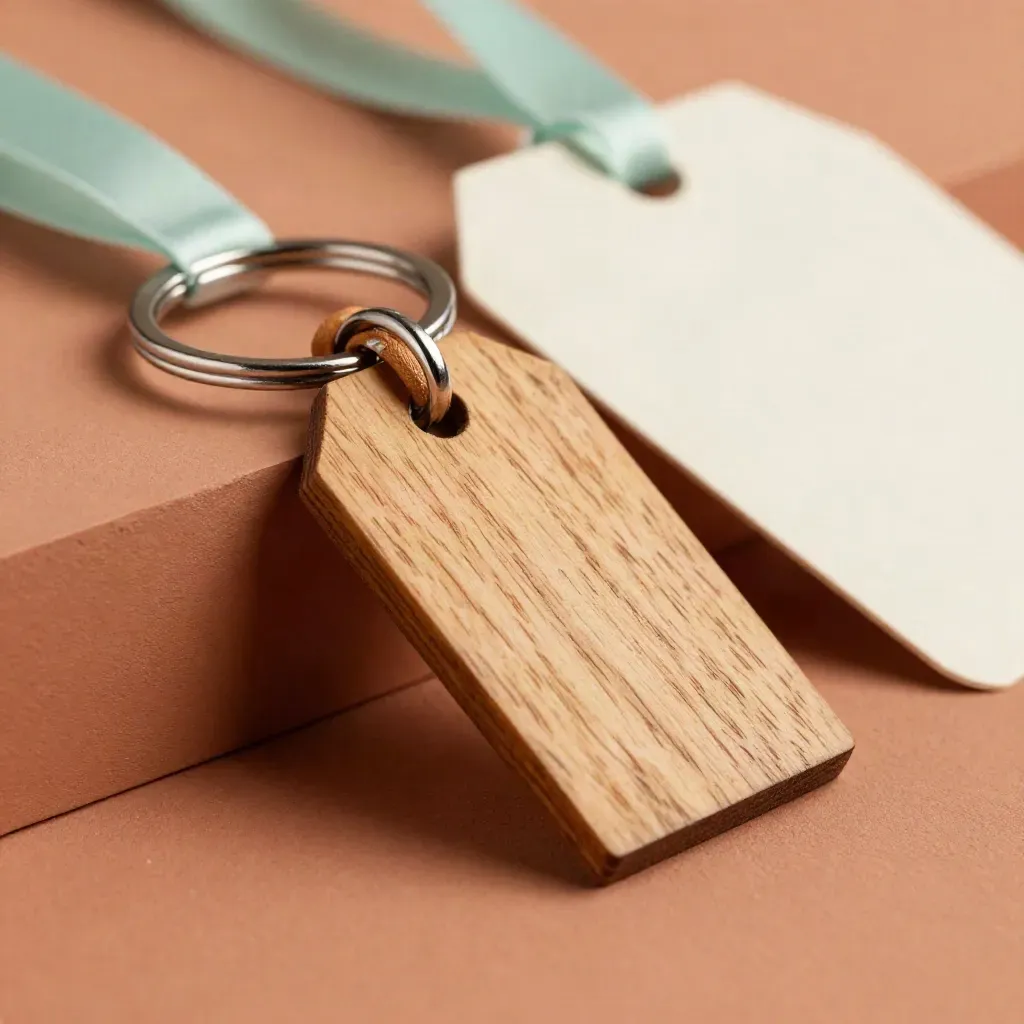 Close-up van een houten sleutelhanger met leren lus en metalen ring op terracotta.
