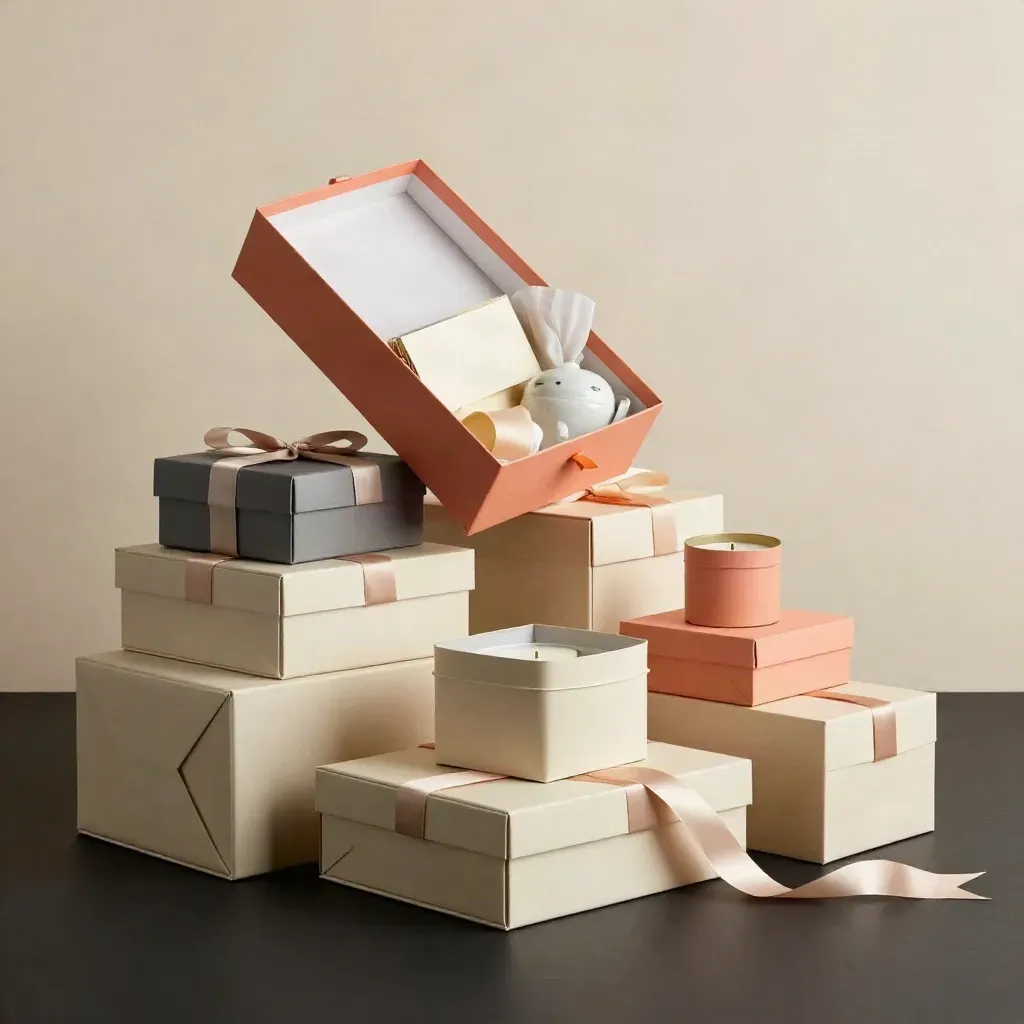 Diagonale stapel cadeauboxen met kaartjes en kleine extra’s in een donkere studiosetting.
