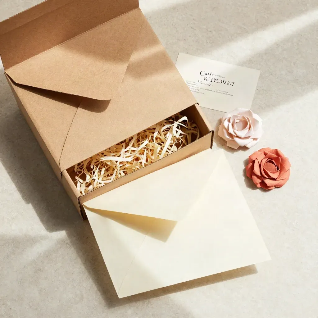Open brievenbusbox met tissue, kaartje en vulmateriaal op licht travertin, van boven gefotografeerd.