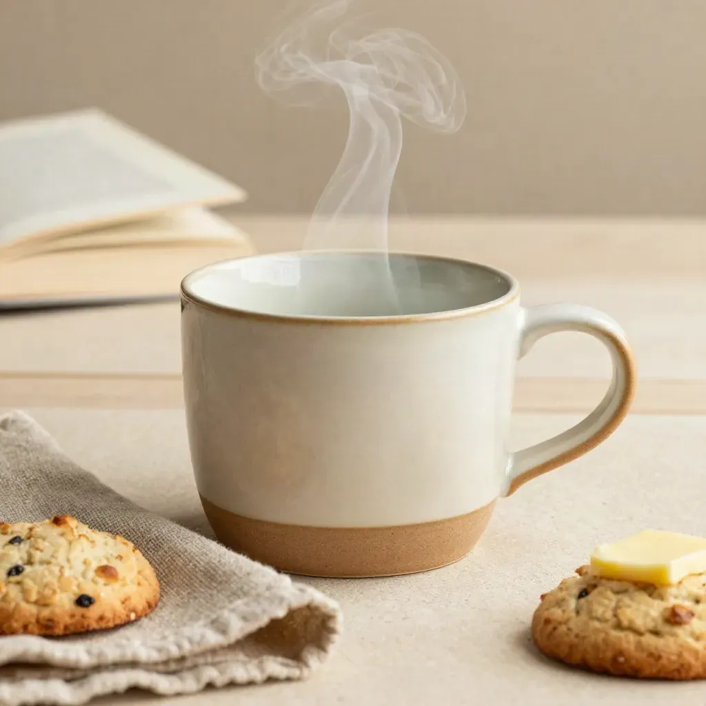 Stoom stijgt uit een mok naast servet, biscuit en vaag boek op ontbijtplank.