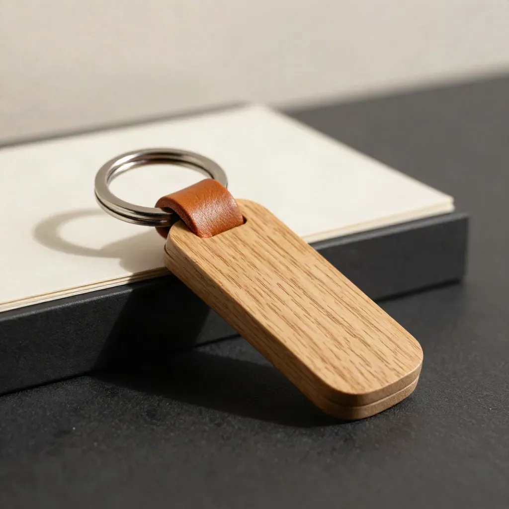 Houten sleutelhanger met ring en leren lus in dramatisch licht op zwarte ondergrond.