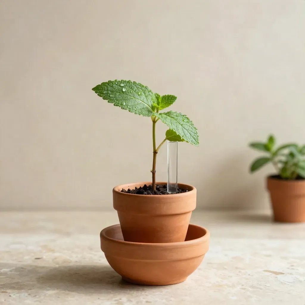 Klein plantje in terracotta schaal met waterdruppels en zachte mintgroene accenten.