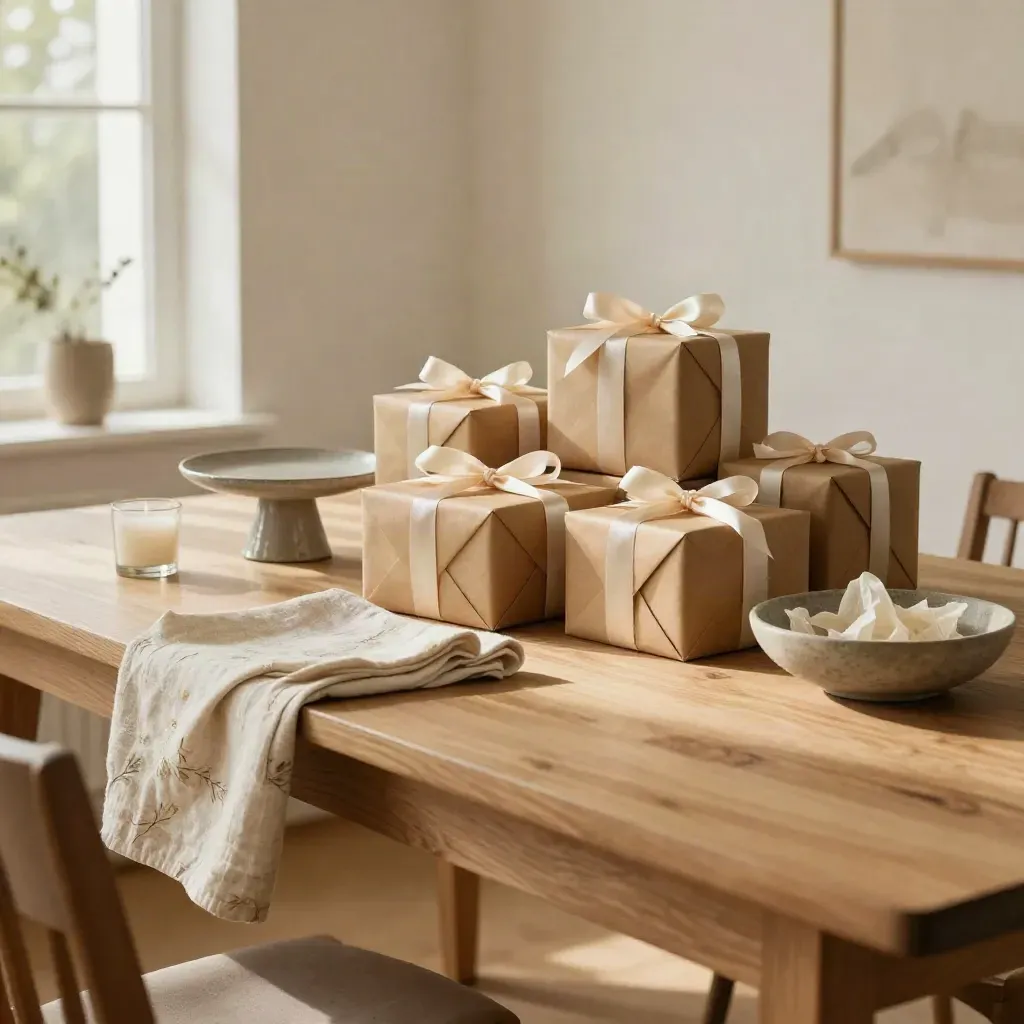 Zonnige verjaardagscadeaus op een lichte houten sideboard in een rustige Nederlandse eetkamer.