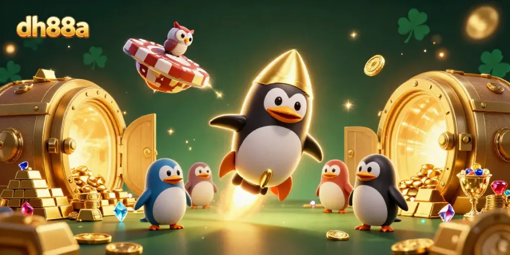 Engage with dh88a's thrilling casino adventure as a golden penguin blasts through space towards a jackpot.