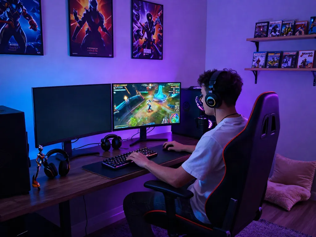 Gamer immersed in a vibrant rokok88 super gaming lounge with high-tech equipment.
