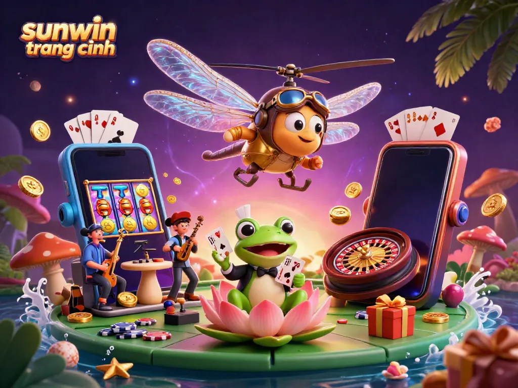 Experience the excitement of sunwin trang chính at this vibrant lily pad casino scene featuring a dragonfly pilot and a frog croupier.