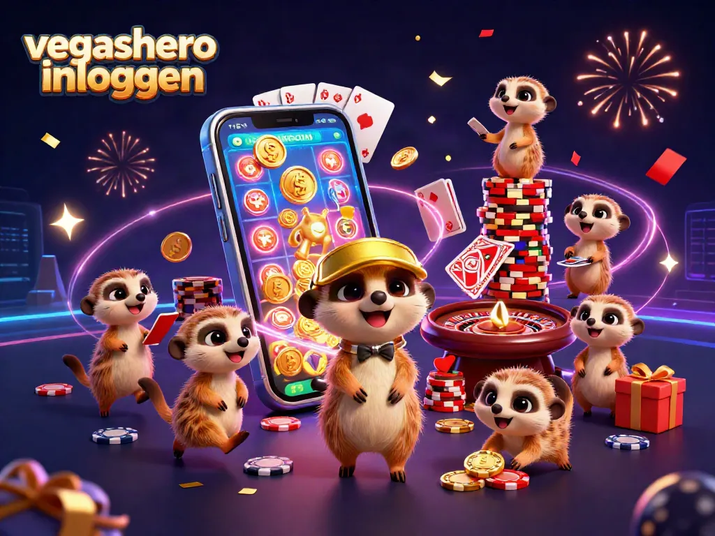 Experience the excitement of vegashero inloggen with animated meerkats in a vibrant casino scene overflowing with action.