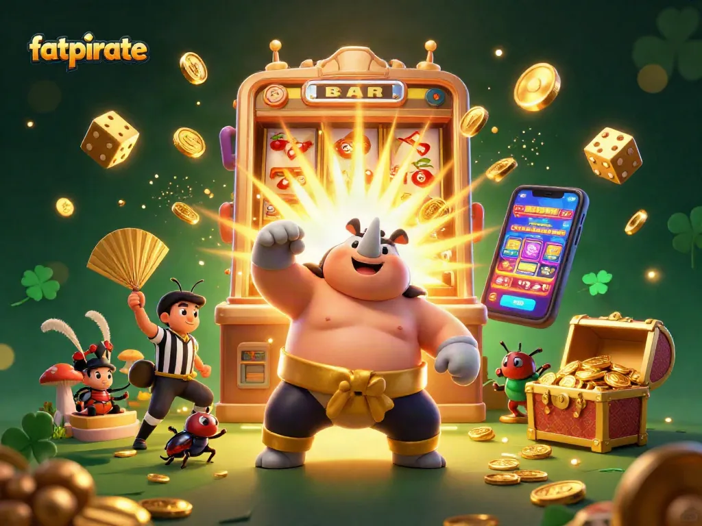 Experience the thrill of fatpirate as a sumo beetle champion unleashes jackpots in this vibrant casino scene.