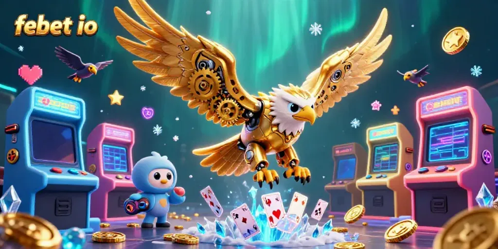 Engage in thrilling gameplay at febet io with a golden eagle and arcade elements amidst a vibrant casino setting