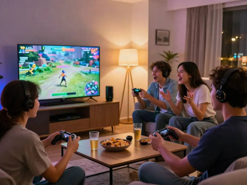 Friends enjoying an exciting multiplayer gaming session at home, showcasing the vibrant atmosphere of https://manclub1.jp.net/.