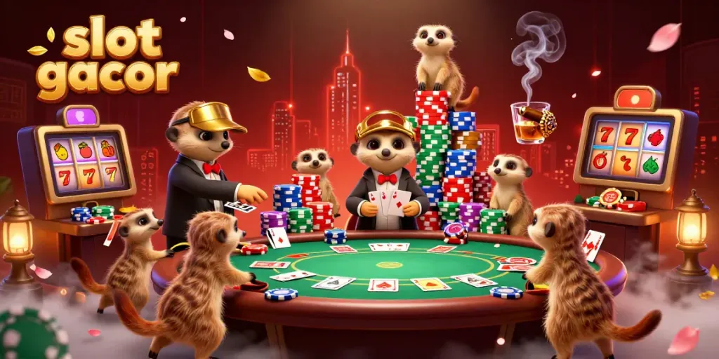 Experience the thrill of slot gacor gaming with playful meerkats in an impressive casino setting.