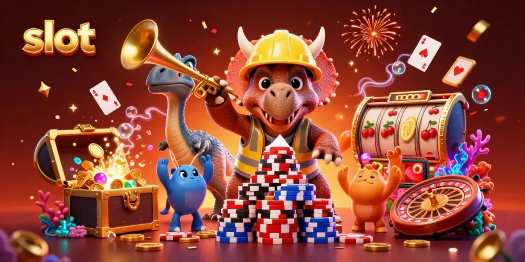 Engage in thrilling slot games with a vibrant 3D celebration scene featuring characters building poker chip pyramids.