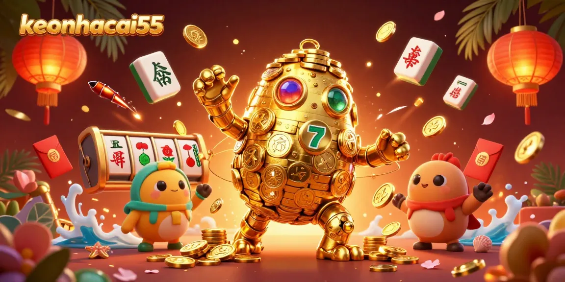 Experience the thrill of keonhacai55 with this vibrant slot gaming scene featuring a golden golem.