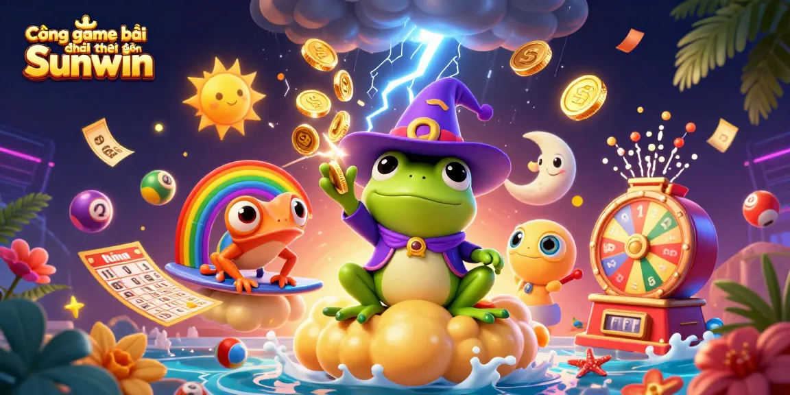 Experience the thrill at Cổng game bài đổi thưởng Sunwin with vibrant 3D characters amidst golden coins and lottery excitement.