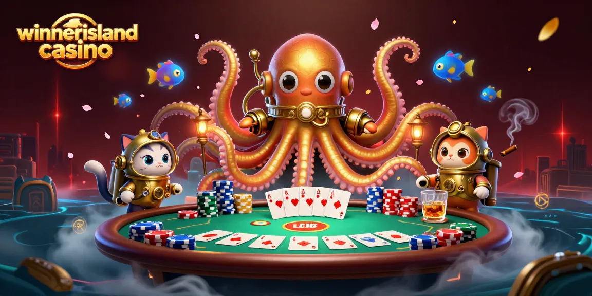 Experience the thrill of winnerislandcasino with a vibrant 3D scene featuring a kraken and diving cat at a poker table.